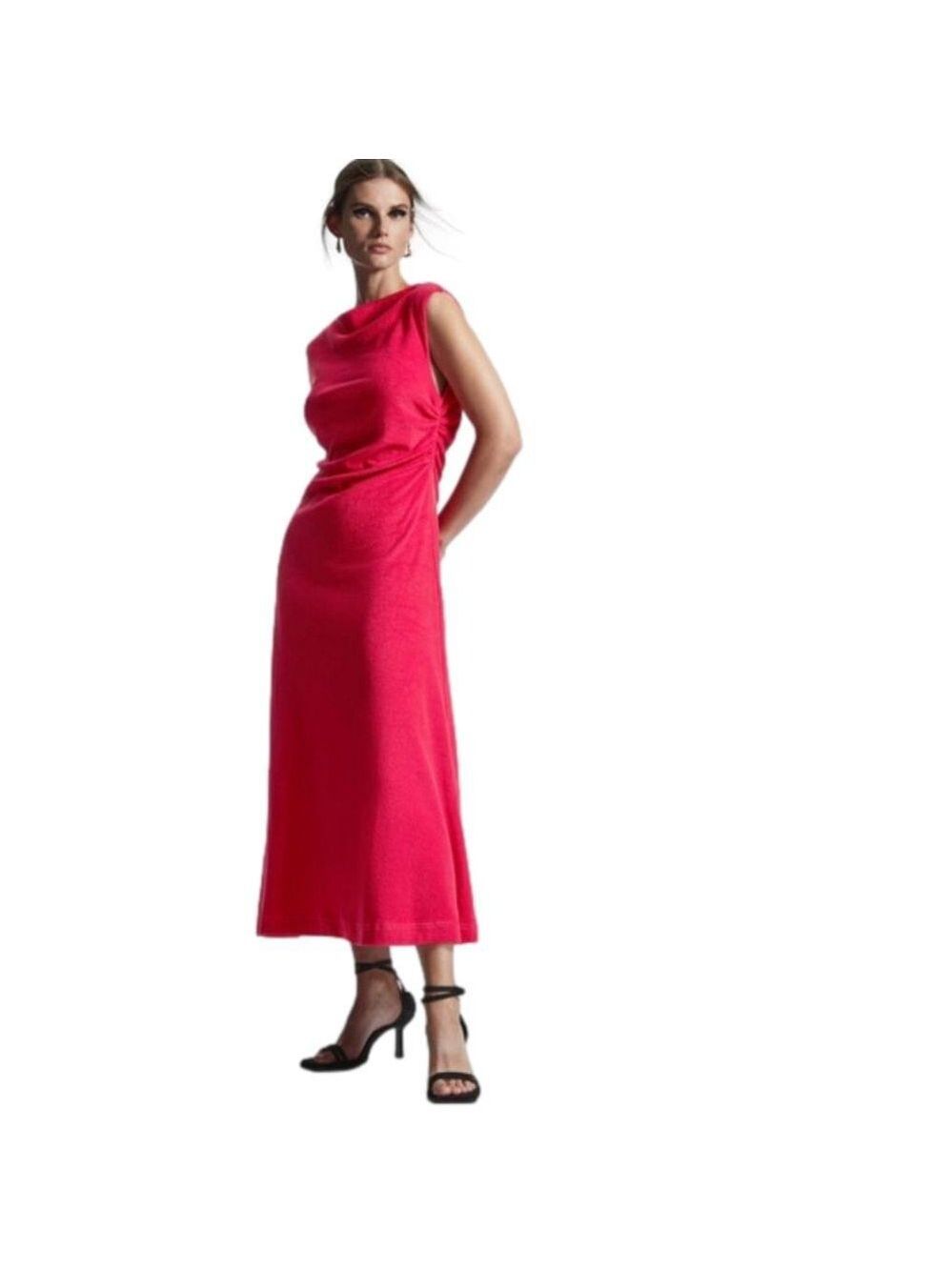 COS cerise bright pink cowel neck toweling midi dress XS Beachy Summer Resort